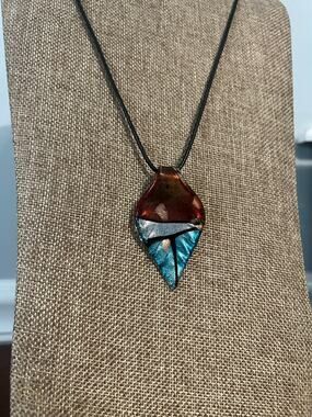 Art Glass Teardrop Pendant Necklace Blue Amber Swirl Black Cord Unisex